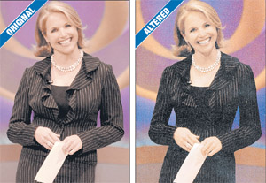  THE EYE LIES: CBS anchor gal Katie Couric as she looked for real at Carnegie Hall in May, and about 20 pounds lighter in a Photoshopped portrait that appeared in the network's in-house mag.